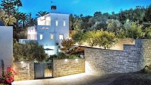 A modern building with a stone wall and a gate, surrounded by greenery and palm trees. - Villa ANVA, amazing views, walk to the beach (Daratsos)