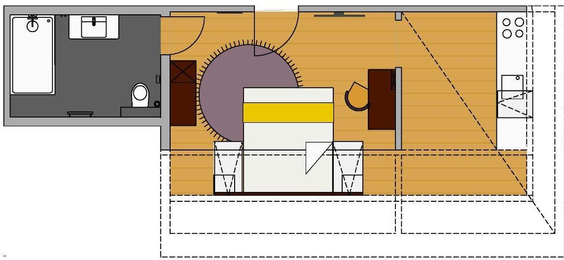 Plànol d'una habitació d'hotel amb bany, zona de cuina i menjador.