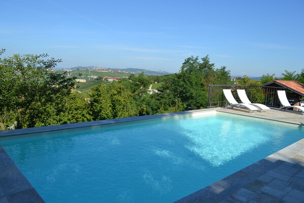 Outdoor pool, pool umbrellas, pool loungers