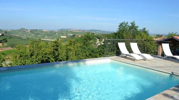 Outdoor pool, pool umbrellas, pool loungers