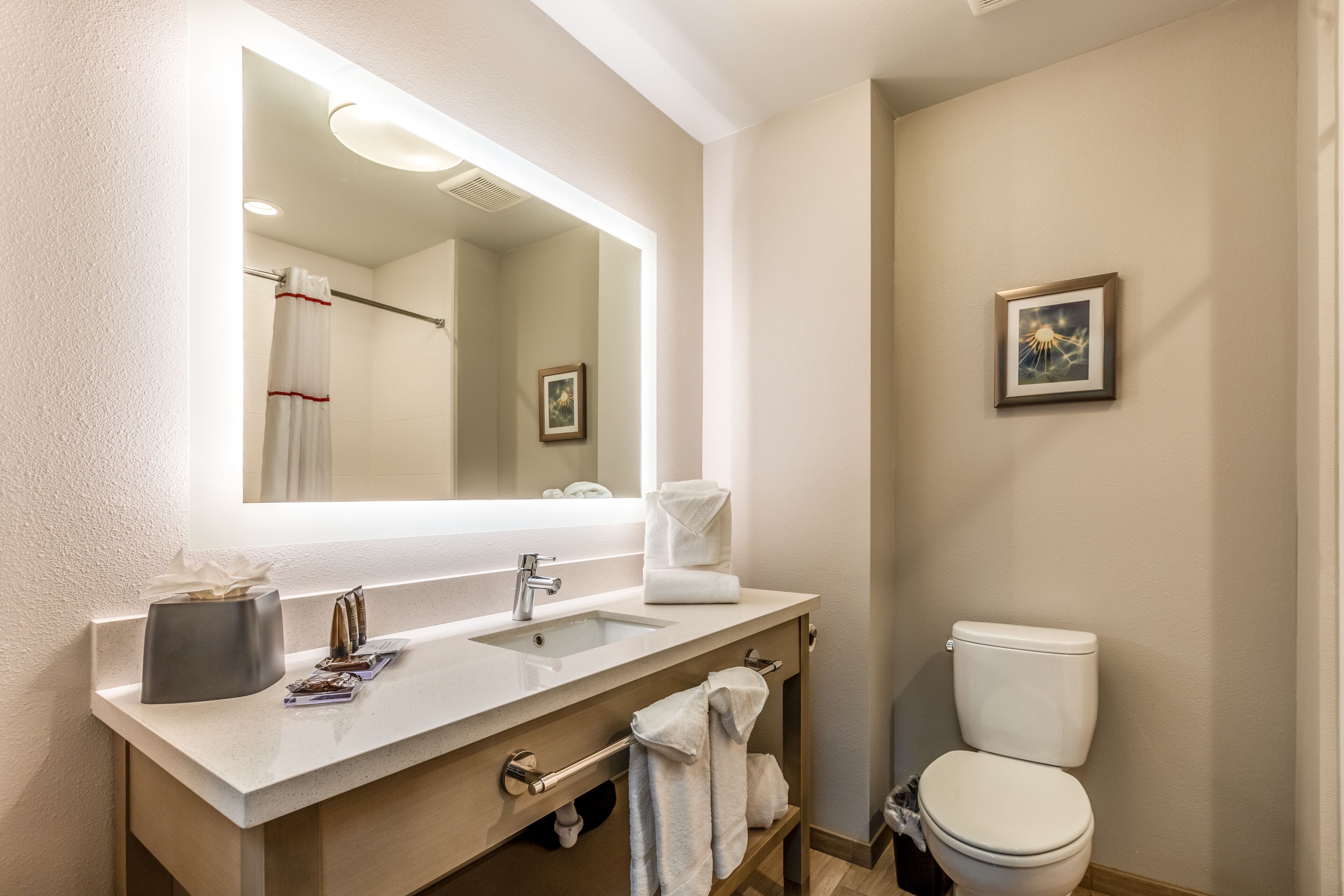 combined shower/bathtub, hydromassage showerhead, free toiletries