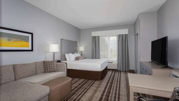 Una habitación de hotel con cama, sofá, escritorio, televisión y un cuadro en la pared.