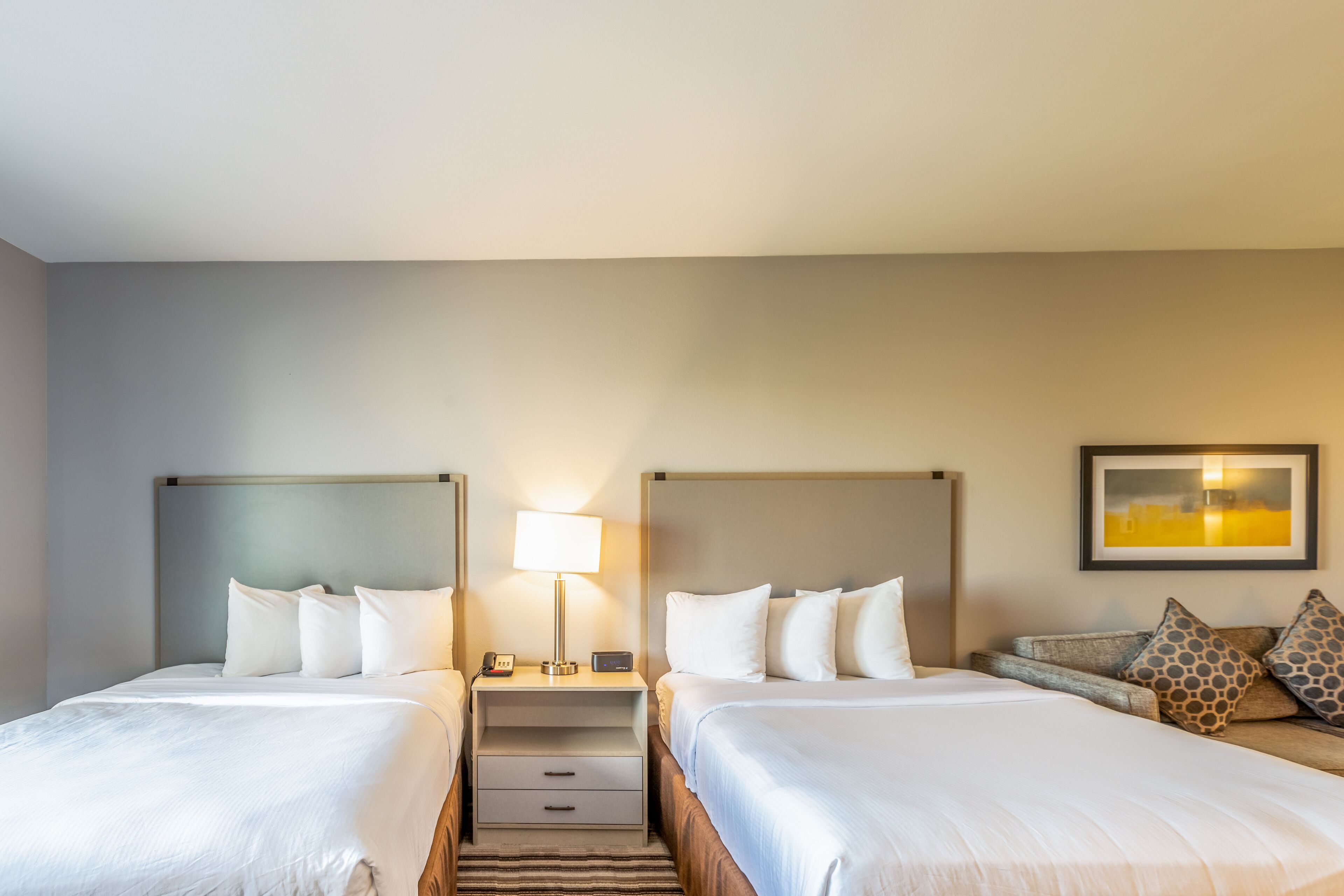 Une chambre d’hôtel avec deux lits, une table de chevet avec une lampe, un canapé agrémenté de coussins à motifs et un tableau encadré au mur.