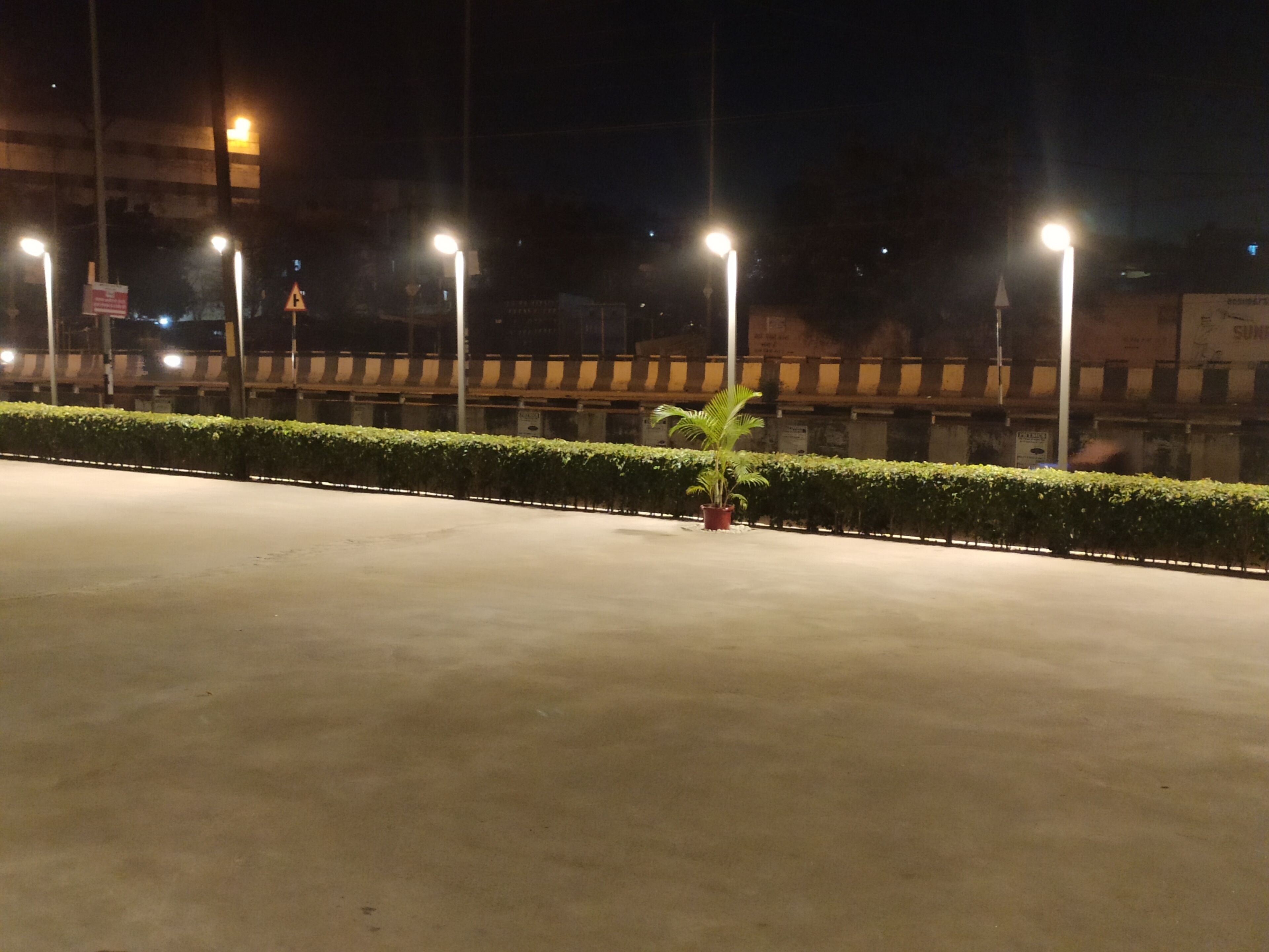 A nighttime parking lot with a row of street lamps and a hedge.