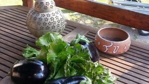 Una mesa de madera con una variedad de verduras frescas, incluyendo berenjena, lechuga y maíz, junto con fresas.
