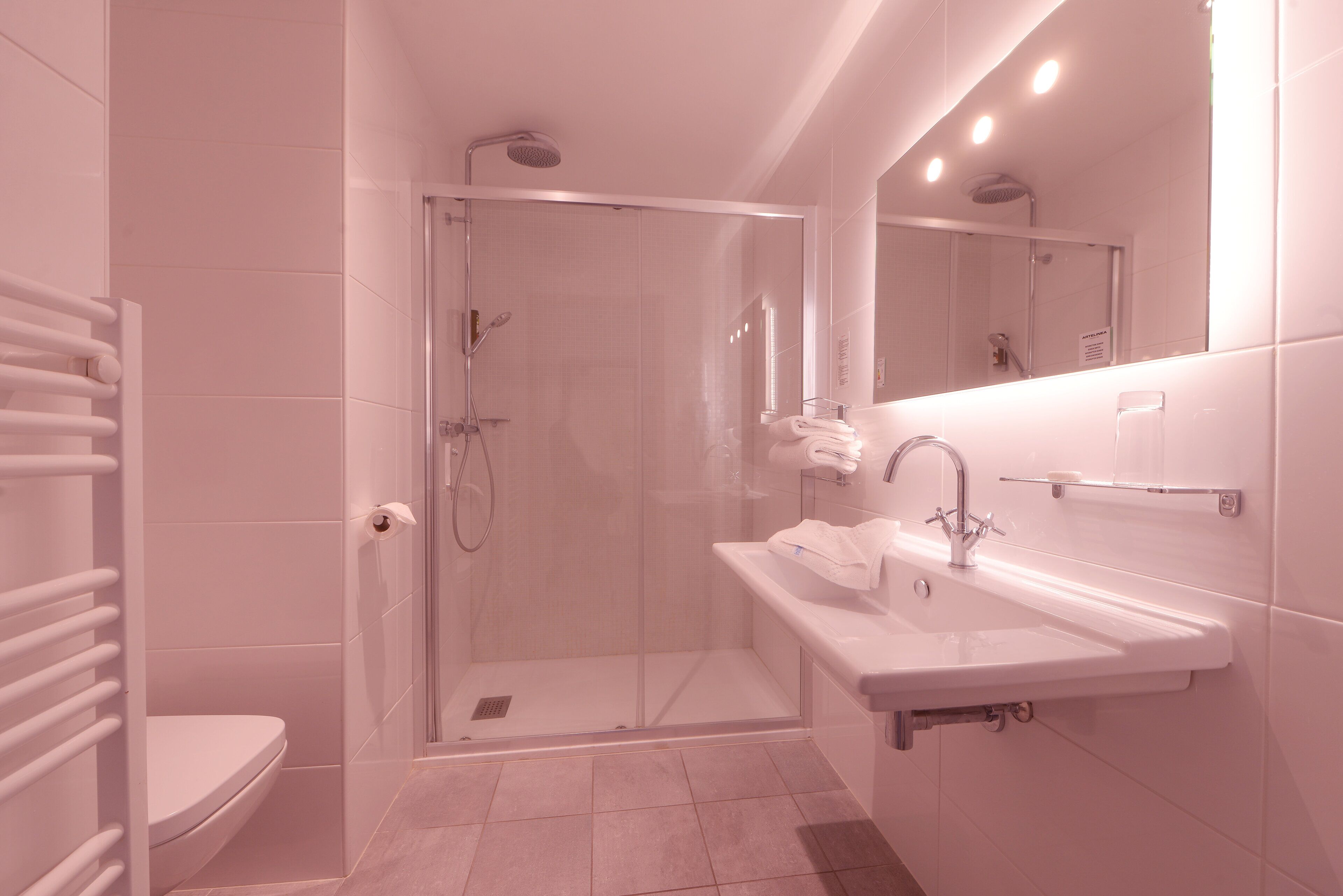 double room (vue rhone) | bathroom | shower, hydromassage showerhead, eco-friendly toiletries, hair dryer