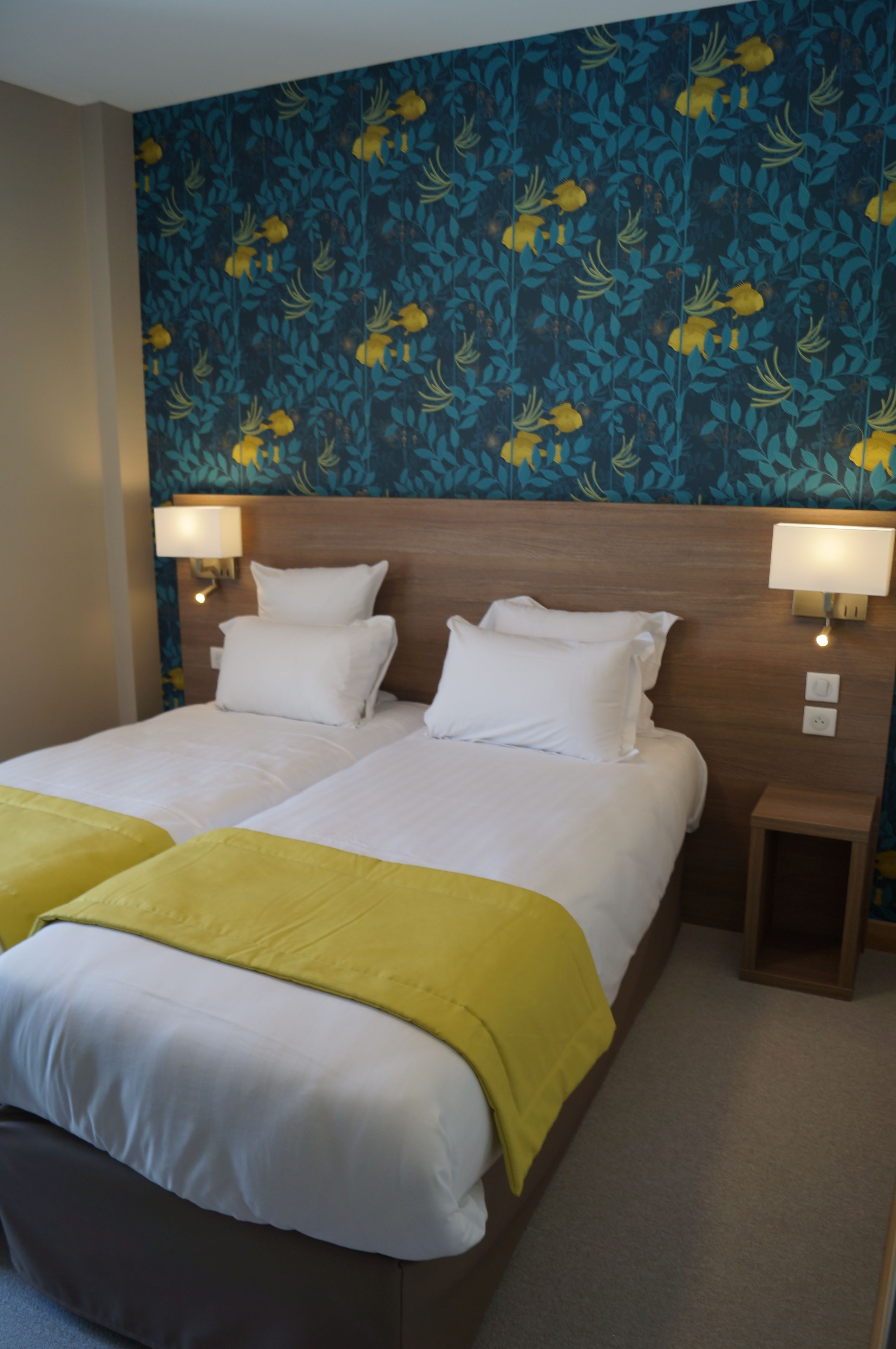 twin room (vue eglise pmr) | premium bedding, in-room safe, desk, laptop workspace