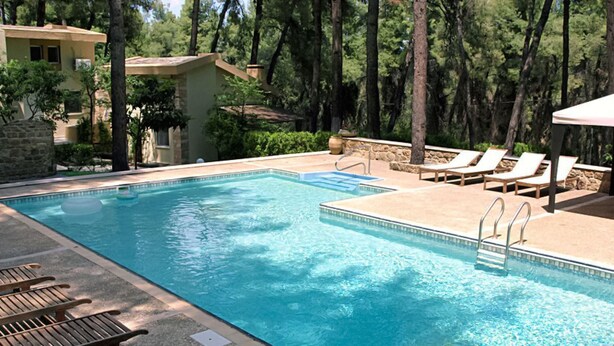 Ein rechteckiger Pool mit klarem, blauem Wasser, umgeben von Liegestühlen und einer Steinmauer.