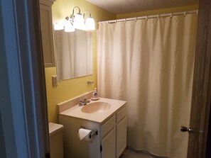 Duschwanne, Handtücher, Seife, Toilettenpapier