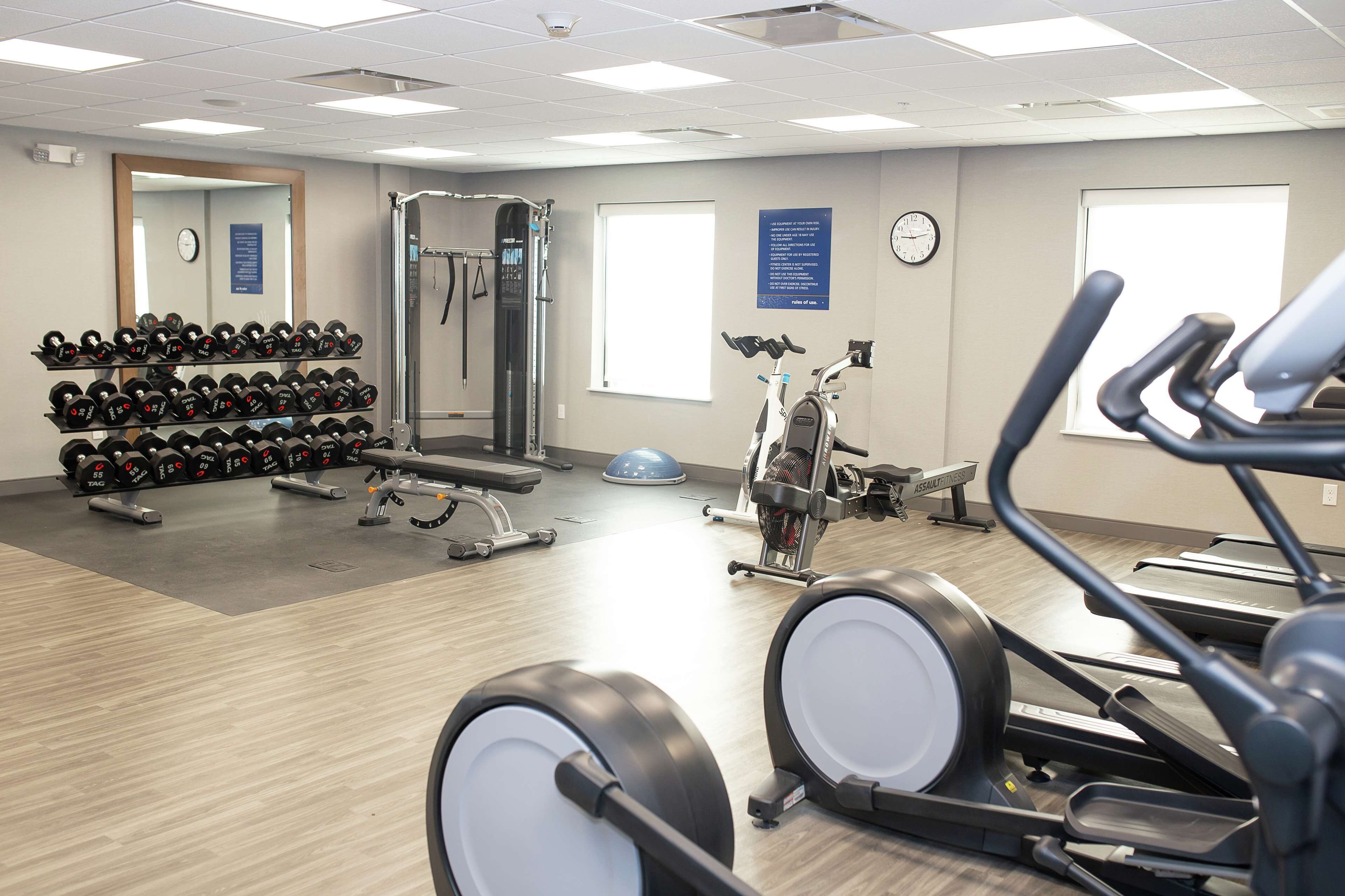 A gym with treadmills, elliptical machines, a weight bench, and a rack of dumbbells.