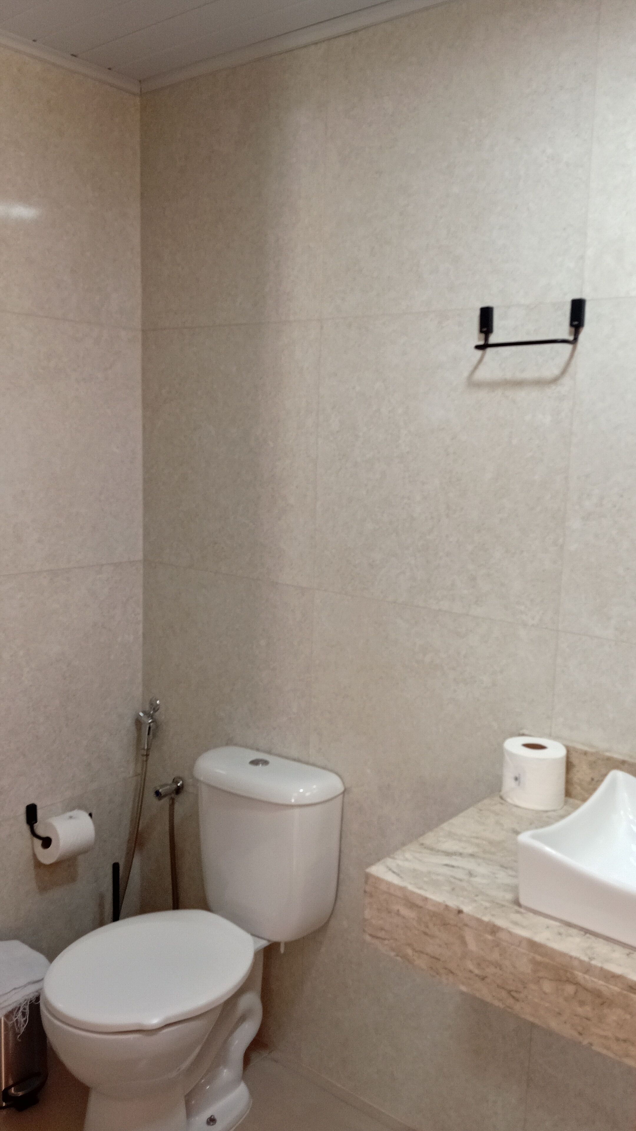 Ein Badezimmer mit Toilette, Bidet und Waschbecken.