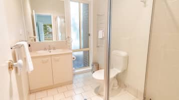 Shower, hair dryer, towels