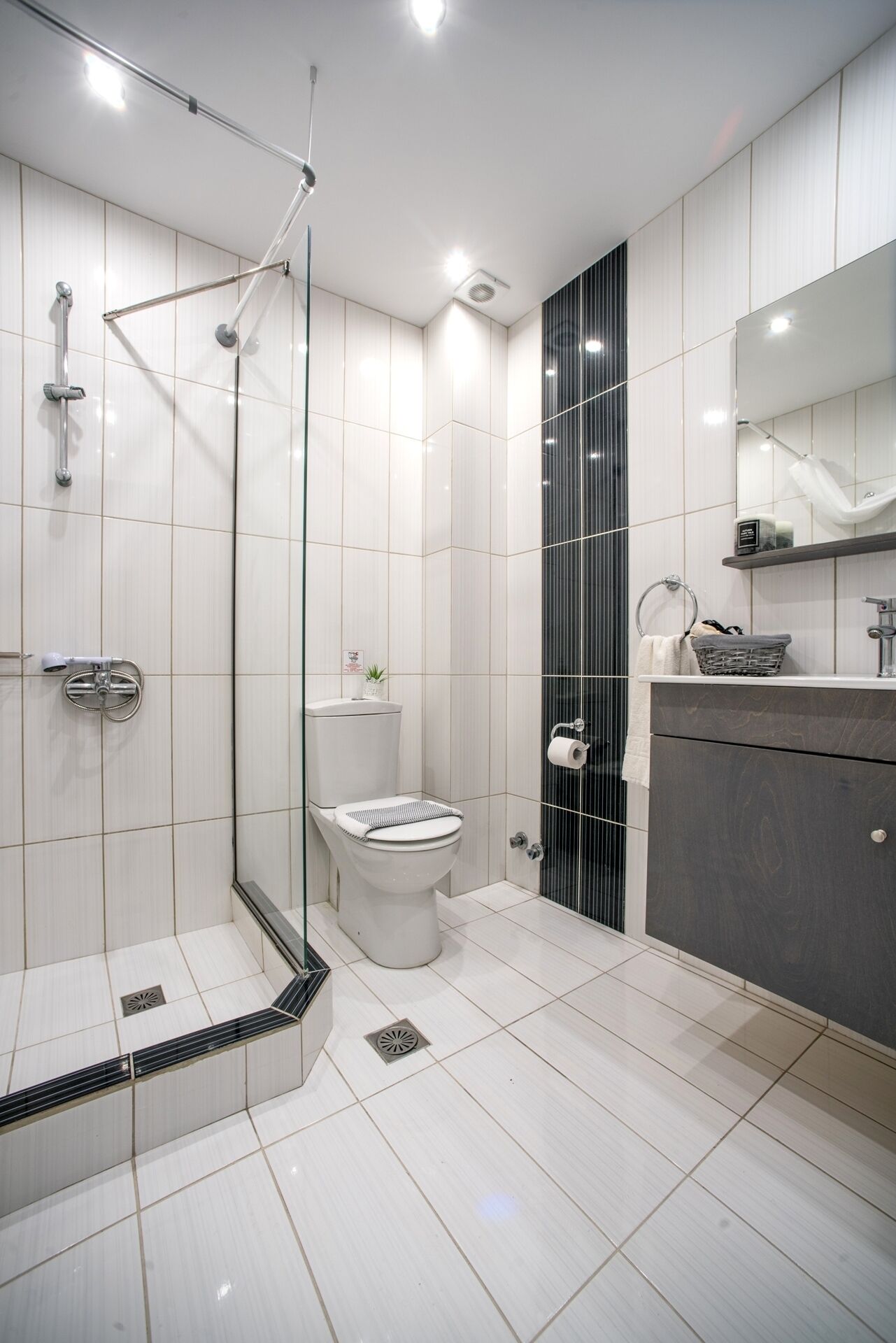 A modern bathroom with a glass shower enclosure, a toilet, and a vanity with a mirror.