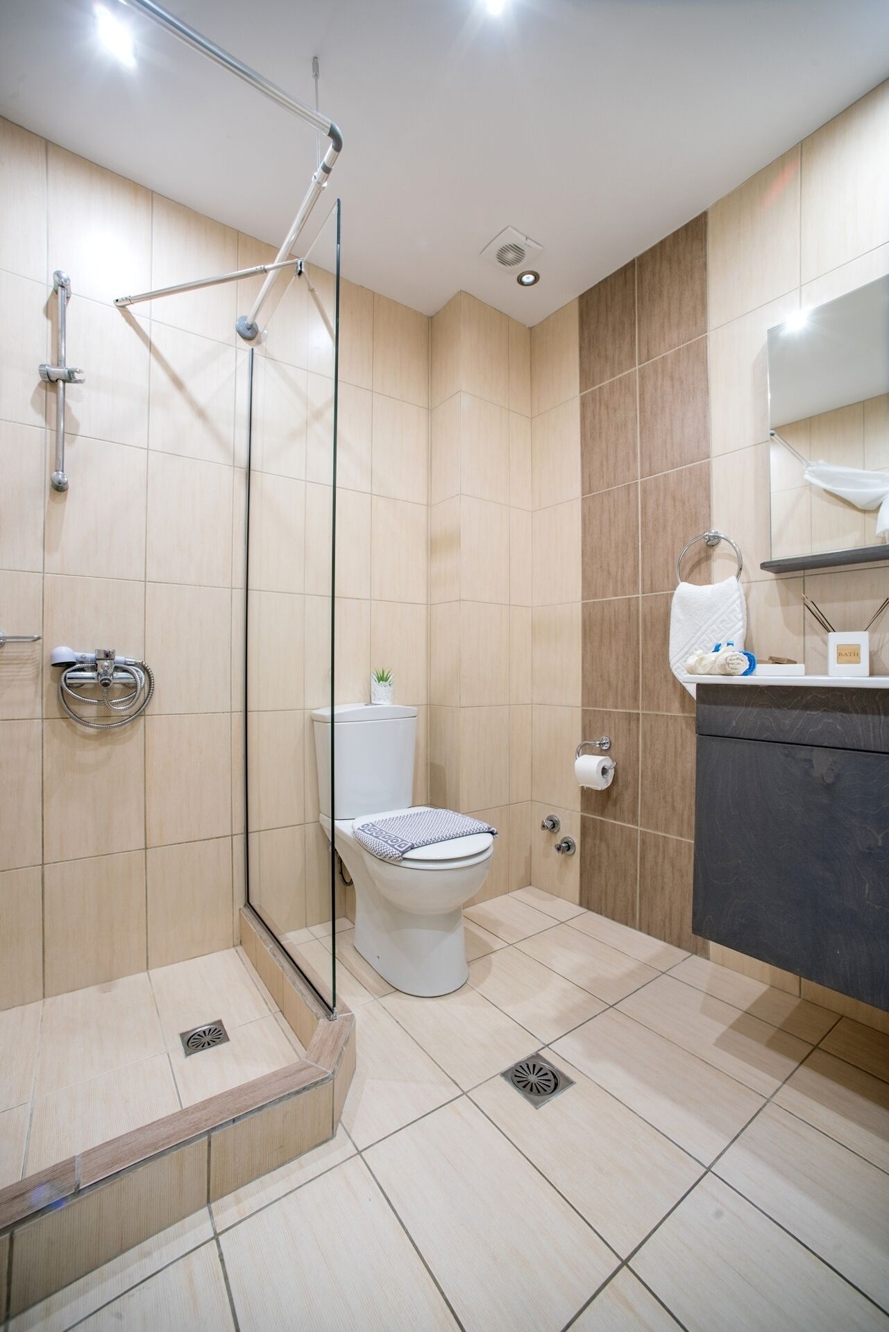 Uma casa de banho moderna com chuveiro, sanita e toucador.