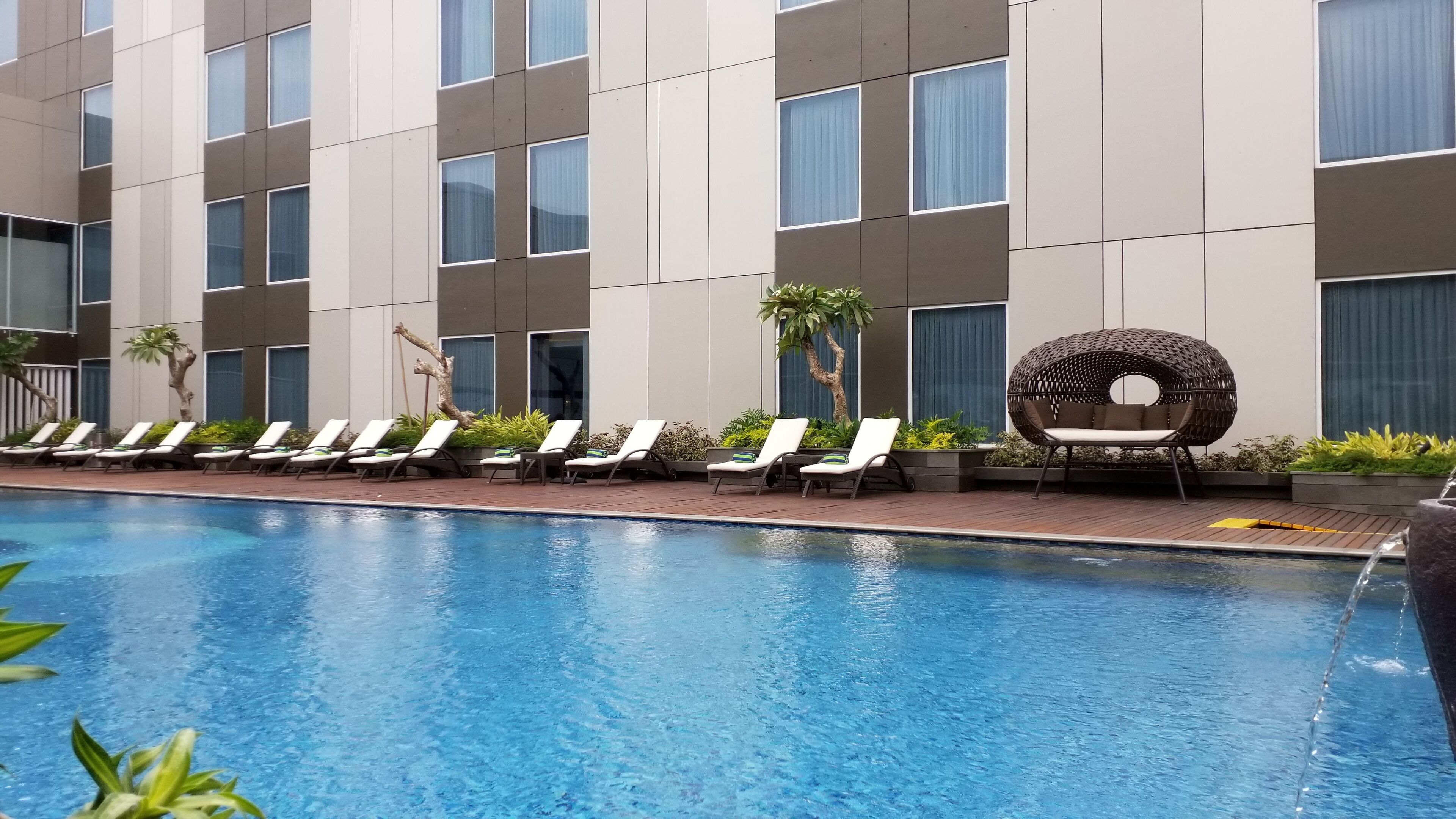 outdoor pool, open 6:00 am to 9:00 pm, pool umbrellas, pool loungers