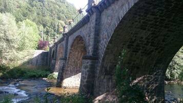 A stone bridge over a river with a forested hillside in the background.