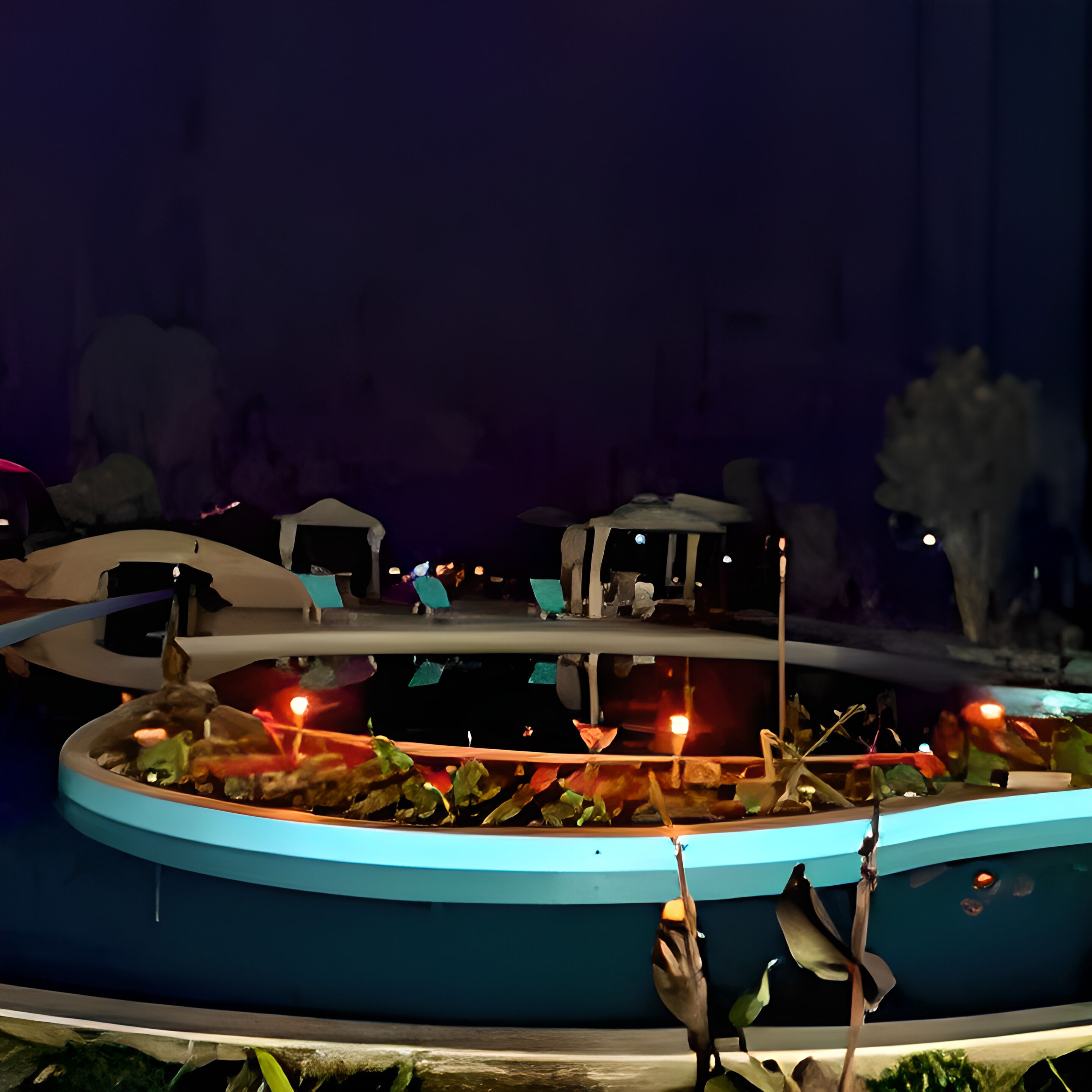 A nighttime view of a circular water feature with seating around it.