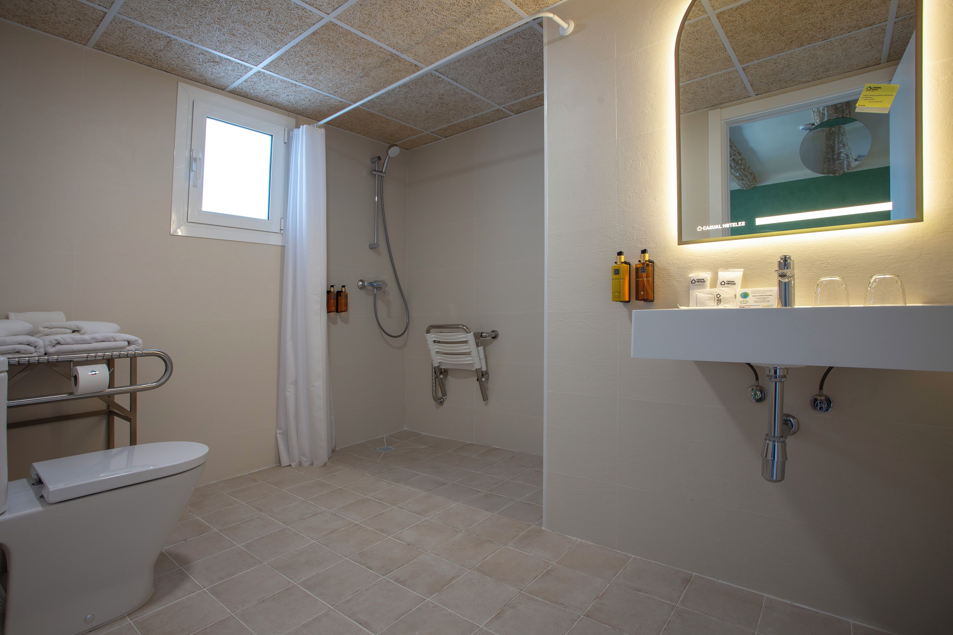 A bathroom with a toilet, a shower, a sink, and a mirror.