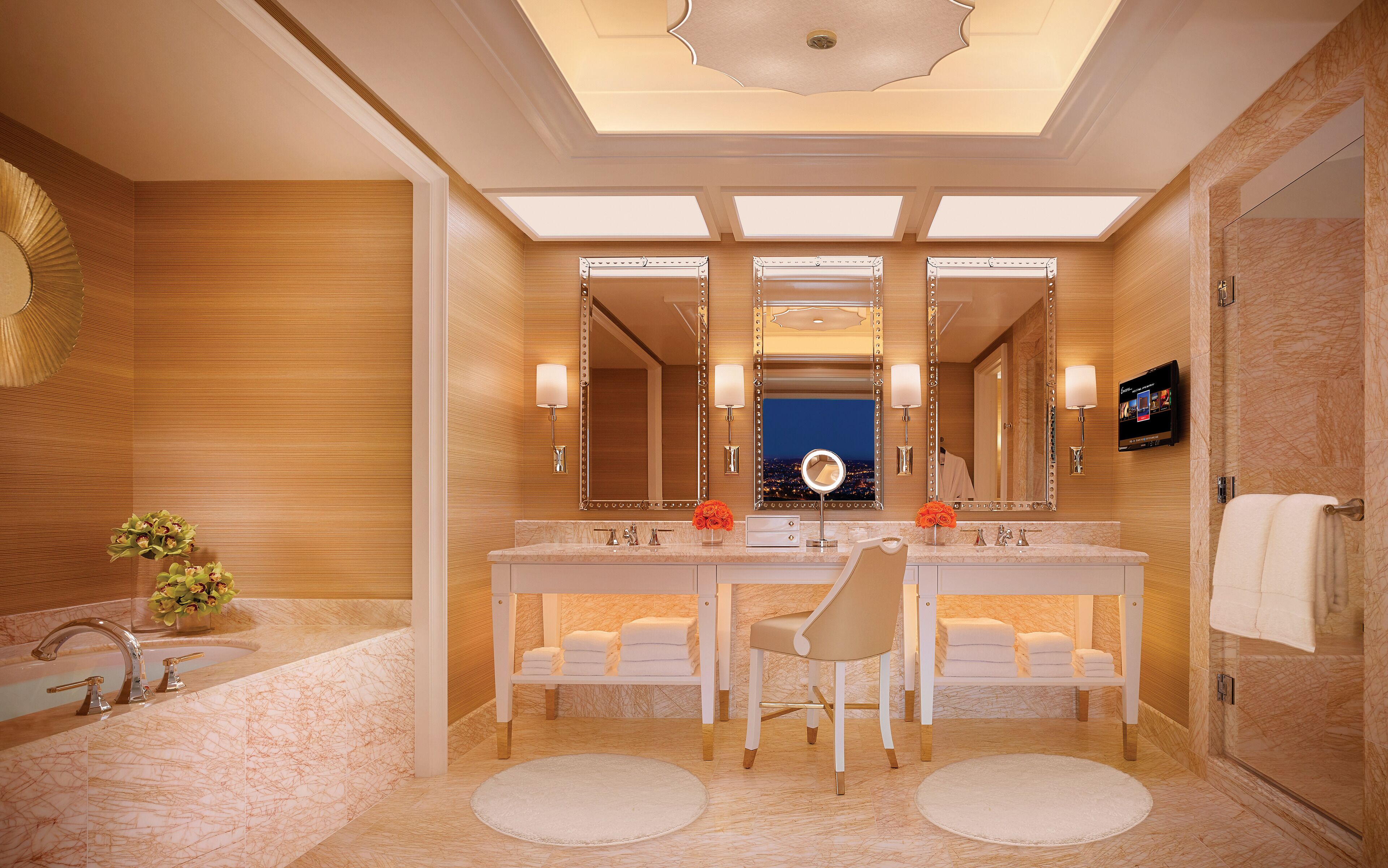 separate bathtub and shower, deep-soaking bathtub, rainfall showerhead