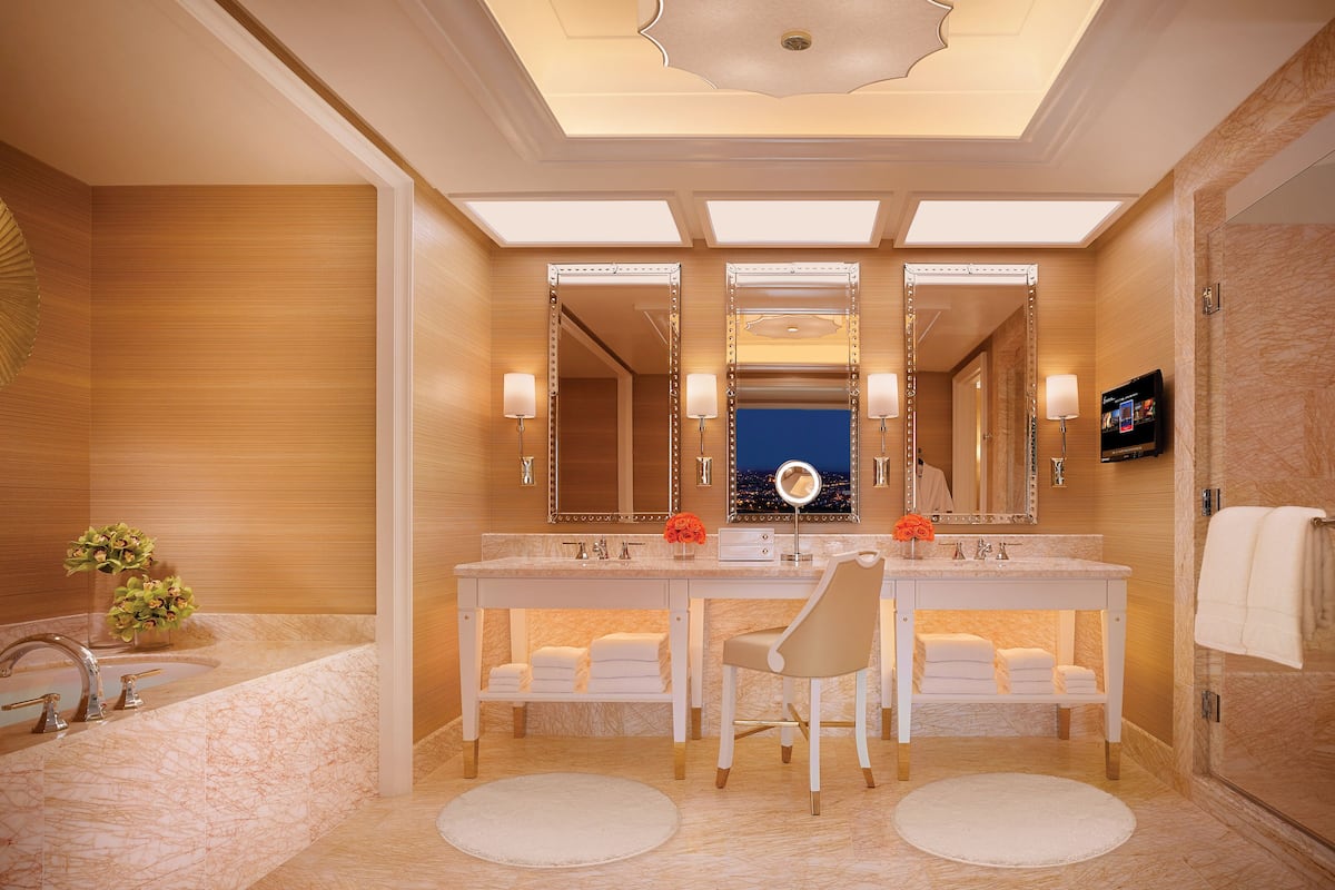 separate bathtub and shower, deep-soaking bathtub, rainfall showerhead