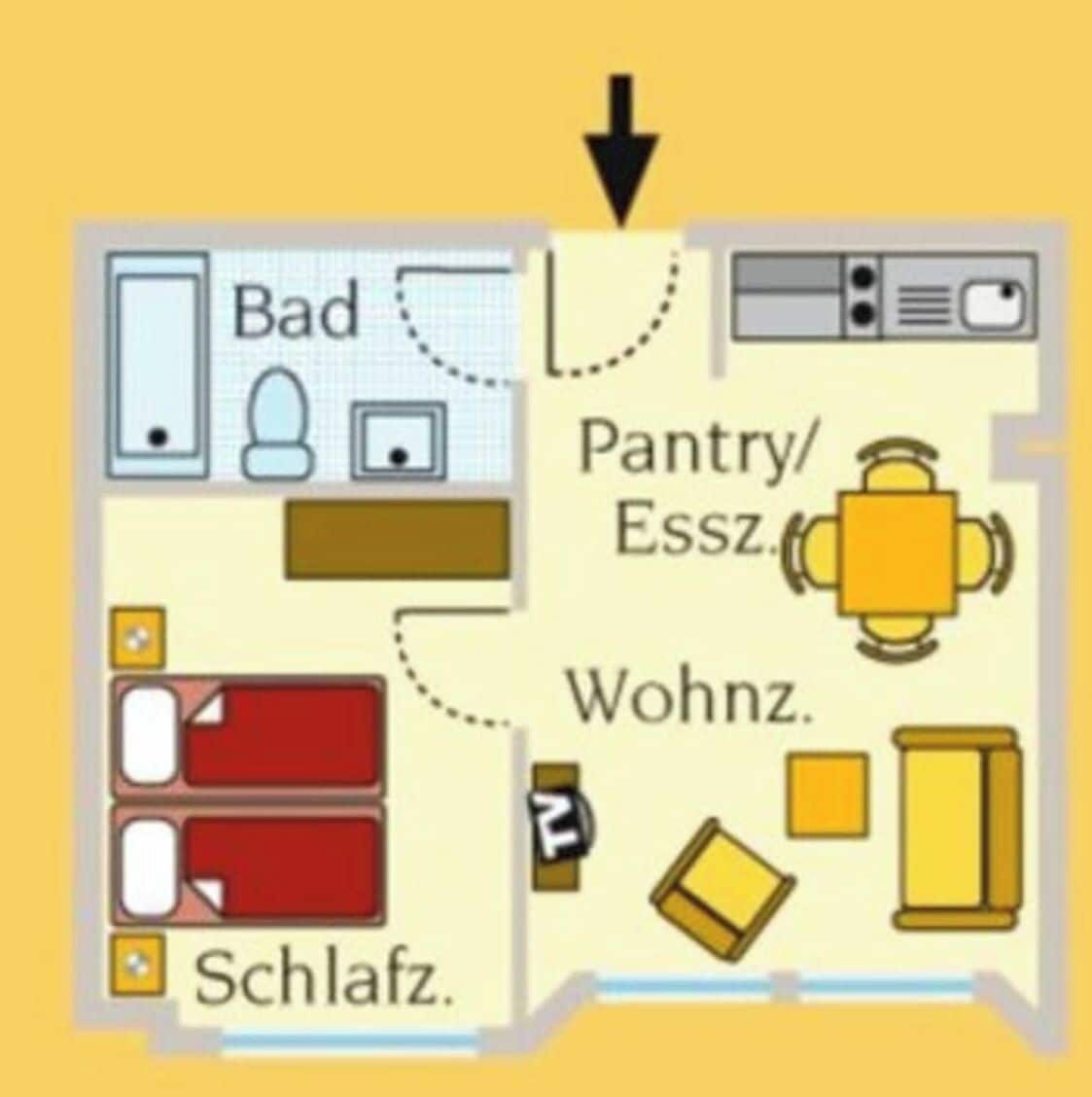 Distribución de un hotel con baño, kitchenette, sala de estar y dormitorio.