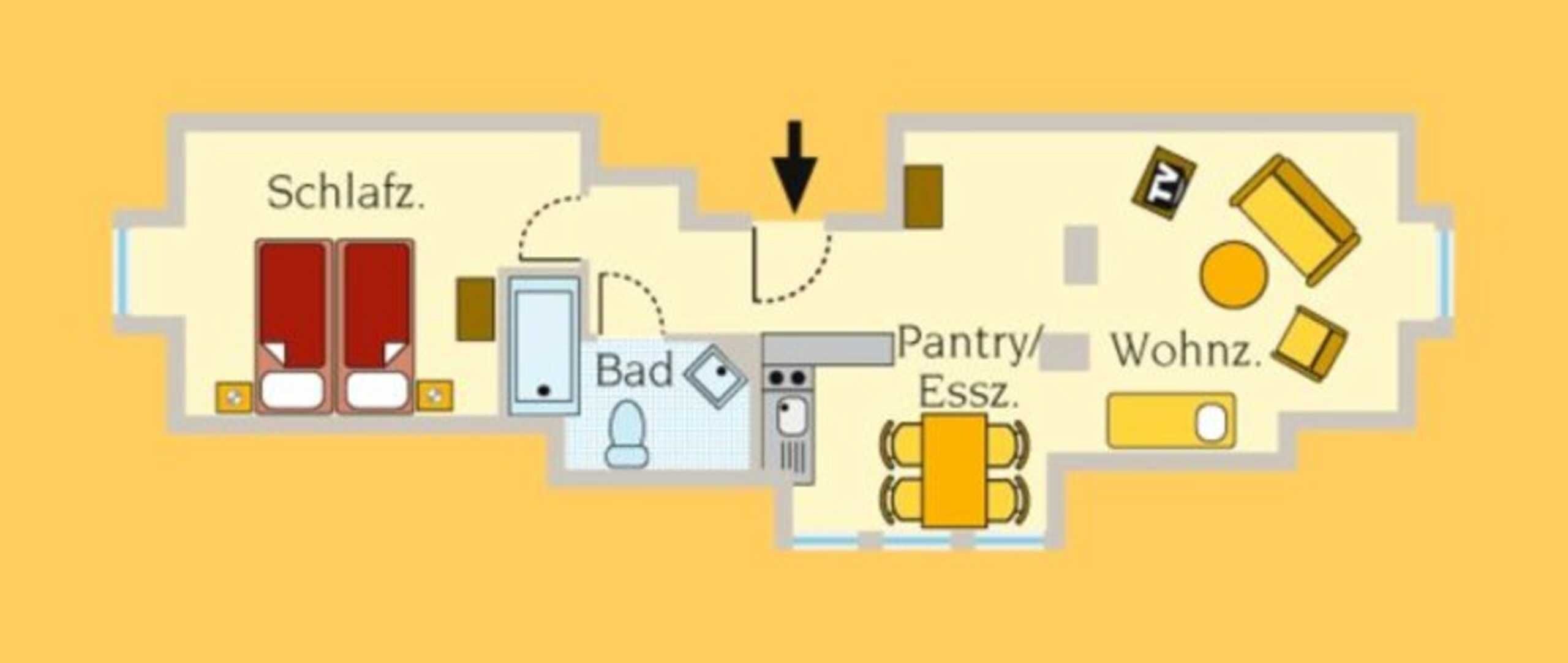 A hotel layout with a bedroom, bathroom, kitchenette, and a dining area.