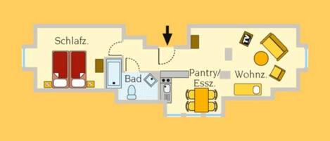 A hotel layout with a bedroom, bathroom, kitchenette, and a dining area.