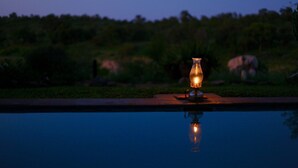 A pool with a single candle on a table in the center, surrounded by greenery. - Ivory Wilderness River Rock Lodge (Bushbuckridge)