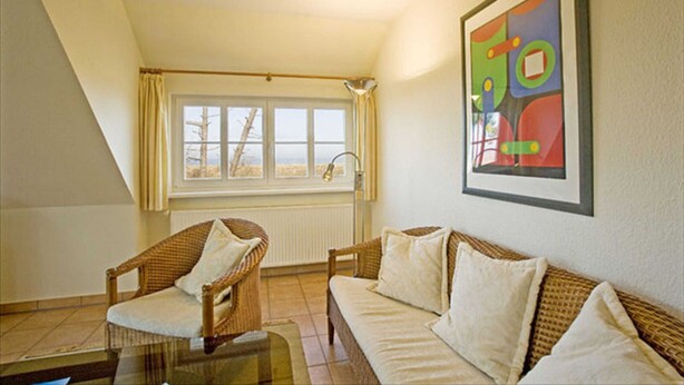 A room with a high ceiling, a window with curtains, a wicker sofa, a chair, and a framed abstract painting. - House Martha - Kurt - House Martha (Ahrenshoop)