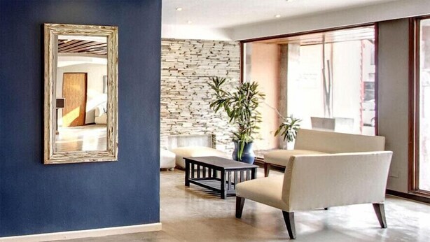 A modern living room with a stone wall, a large mirror, a sofa, a coffee table, and a potted plant. - Hotel Bariloche Ski (San Carlos de Bariloche)
