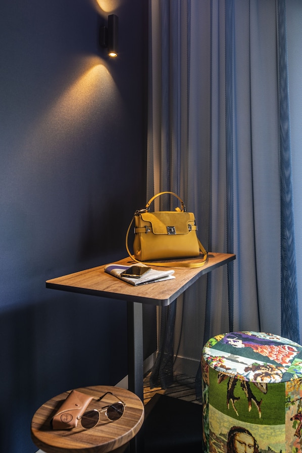 Desk, laptop workspace, blackout curtains, soundproofing