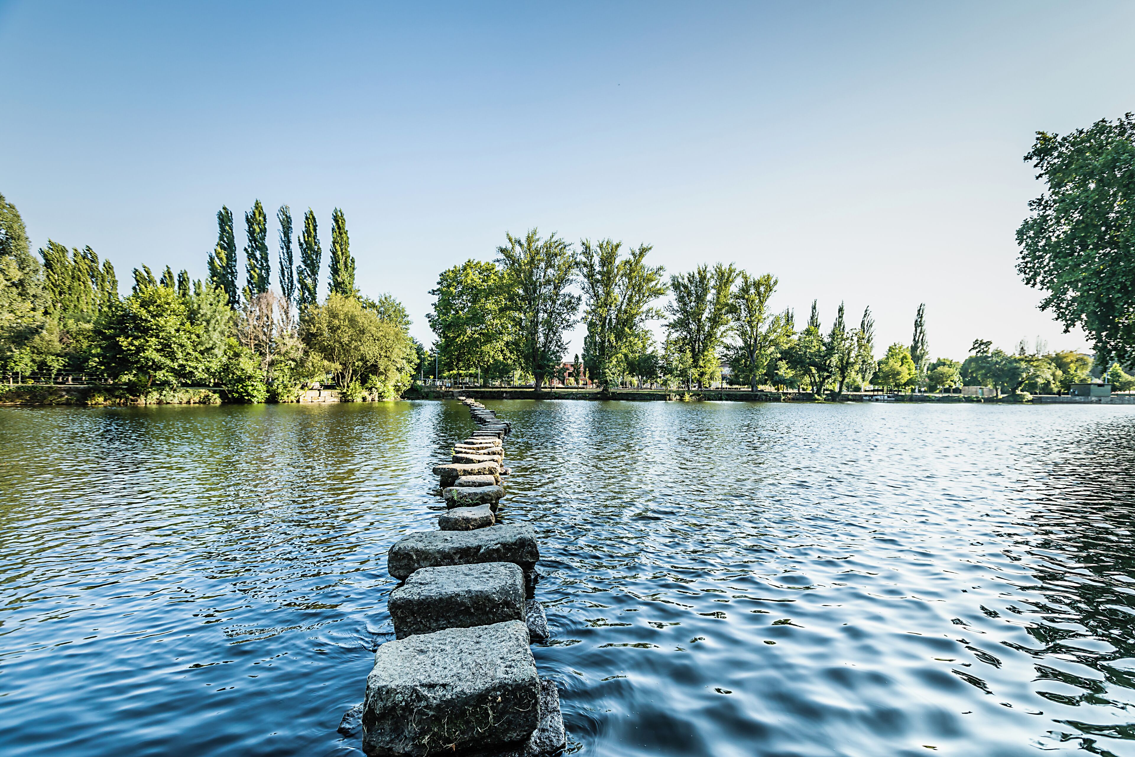 A stone pathway leading through a body of water, surrounded by trees.