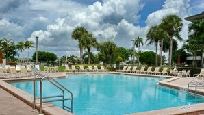A swimming pool with lounge chairs and palm trees.