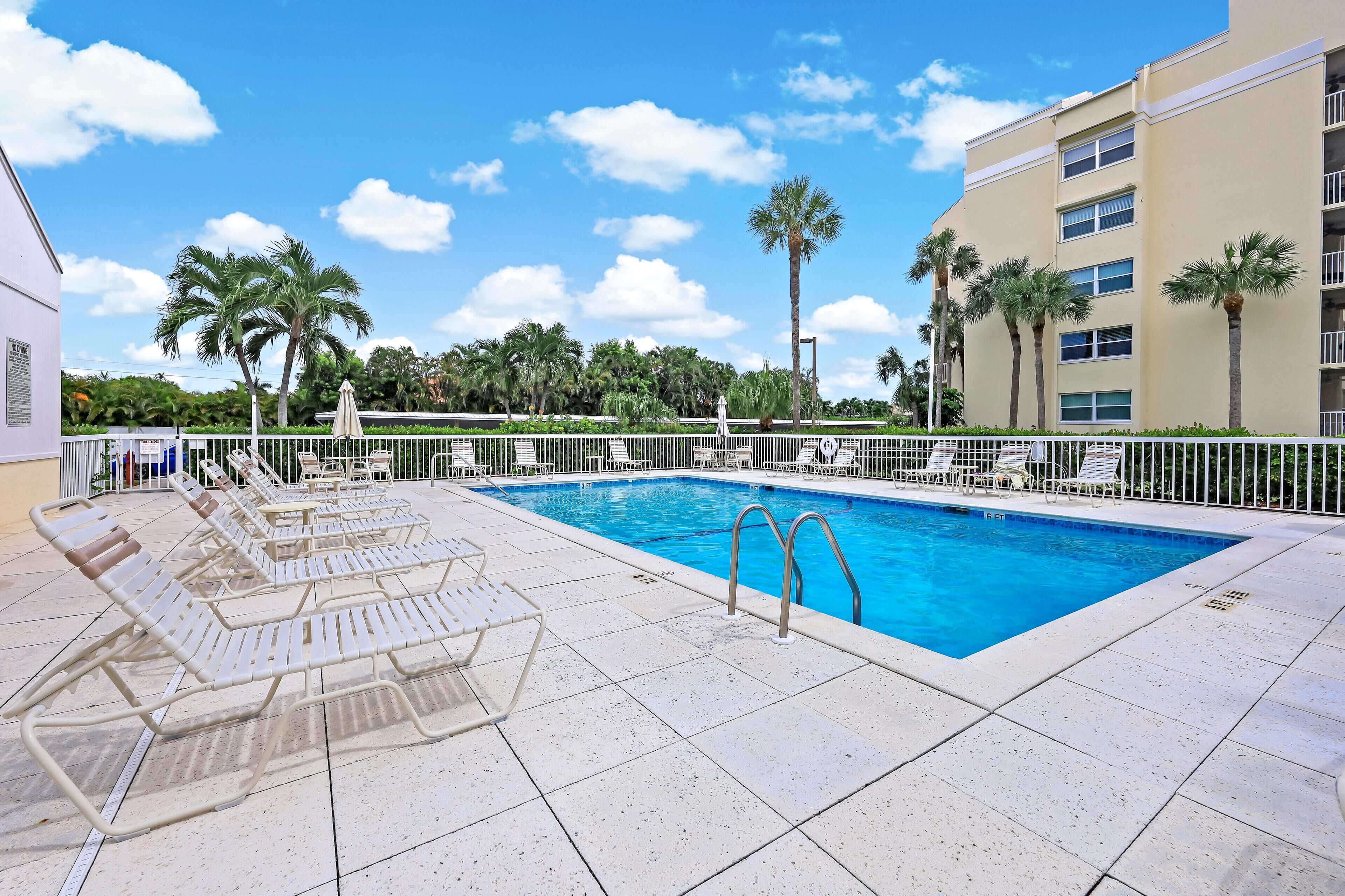 A swimming pool with lounge chairs, palm trees, and a clear blue sky.