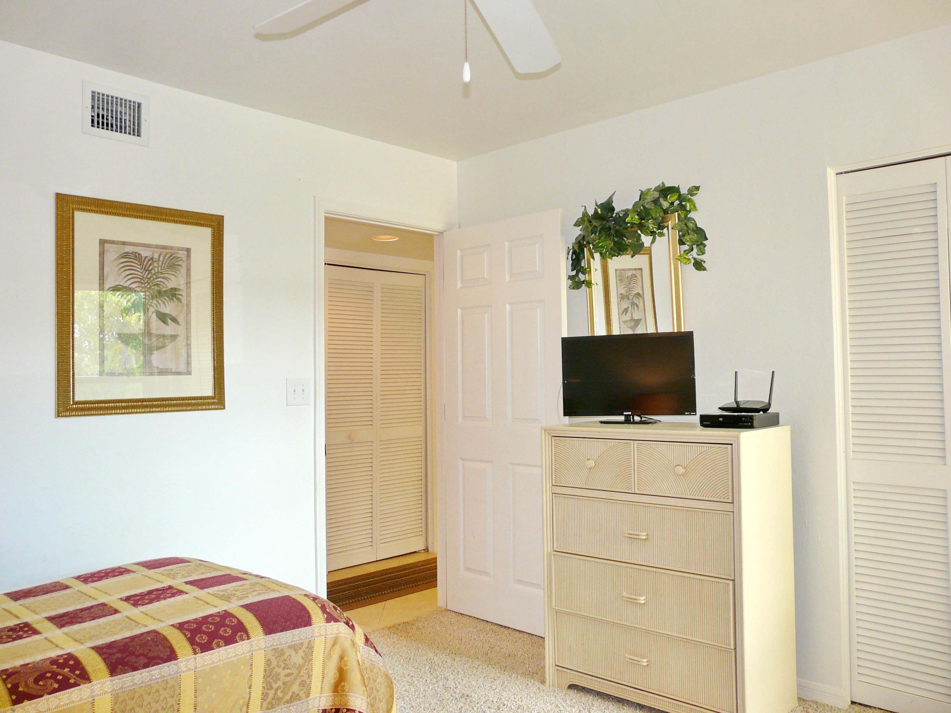 Une chambre à coucher avec un lit, une commode, un téléviseur et une plante.