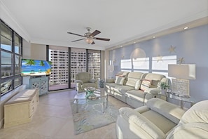 Condo, 1 Queen Bed (Beachfront condo with pool and dazzli) | Living area | Flat-screen TV - Beachfront Condo With Pool and Dazzling Ocean View (Marco Island)