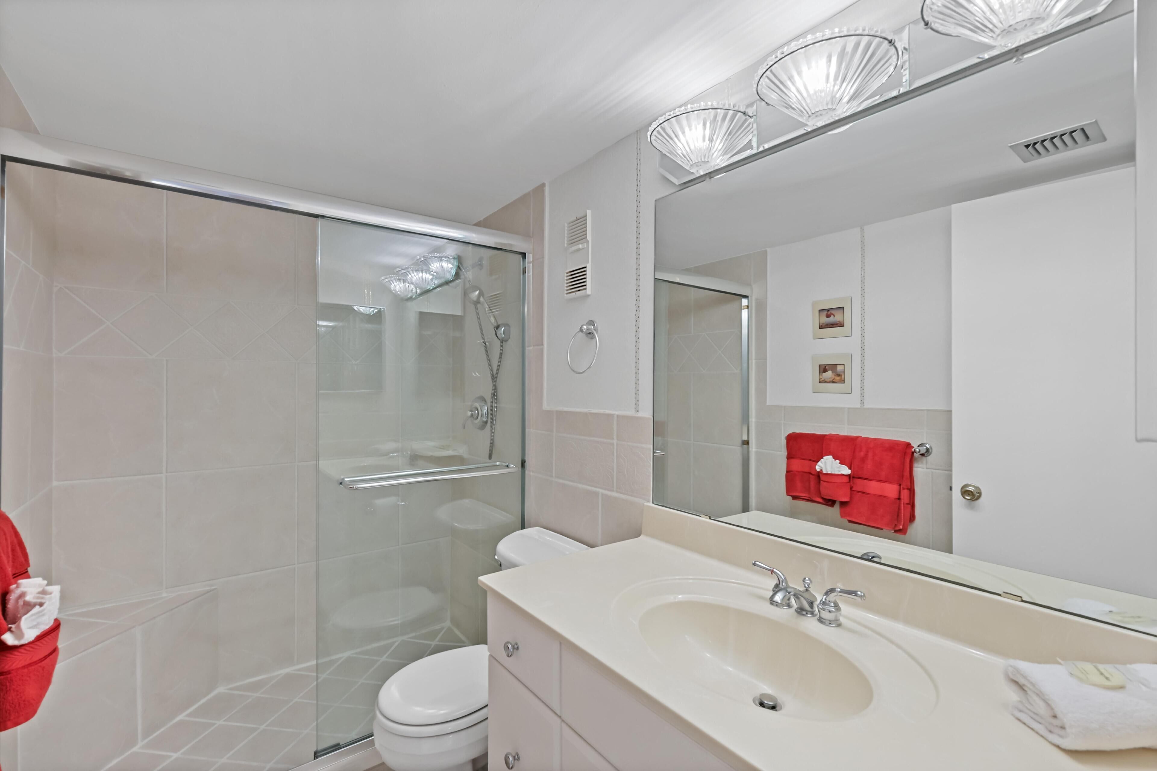 A modern bathroom with a glass shower enclosure, a white sink, and a large mirror.