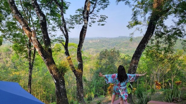 Una persona sentada en un banco rojo con vistas a un paisaje verde exuberante.