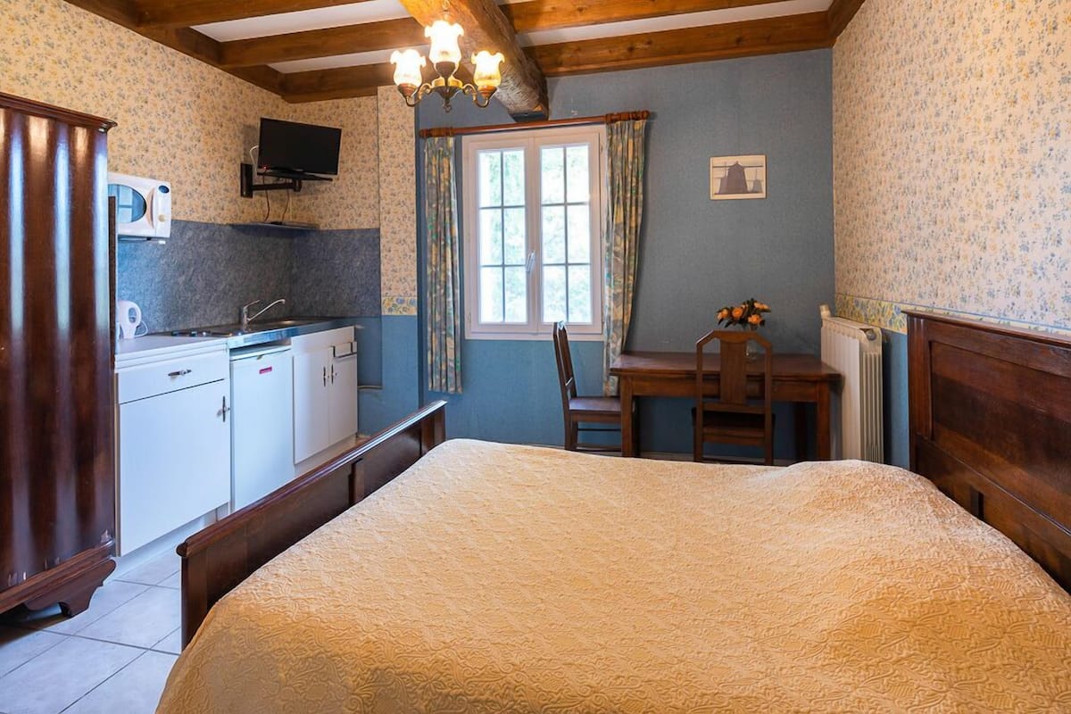 Une chambre avec un grand lit, un bureau en bois, une chaise, une télévision et un coin cuisine équipé de placards et d’un four à micro-ondes.