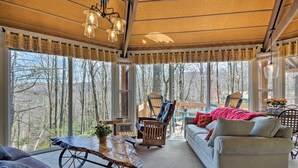 Panoramic House, 2 Queen Beds, Hill View | Living area | 38-inch flat-screen TV with cable channels, TV, fireplace - NEW - Tree House at the Beech (Banner Elk)