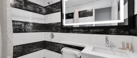 Combined shower/tub, free toiletries, hair dryer, towels