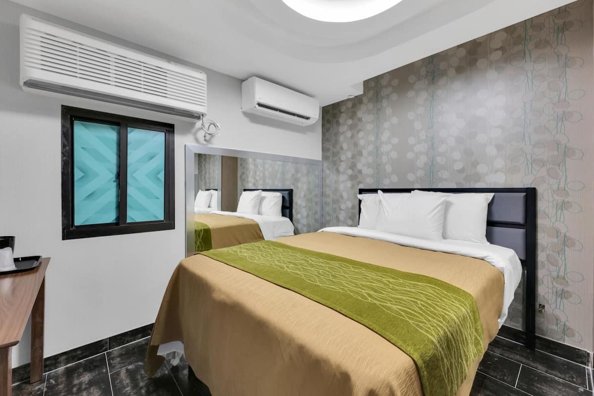 hypo-allergenic bedding, desk, laptop workspace, iron/ironing board