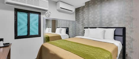 Hypo-allergenic bedding, desk, laptop workspace, iron/ironing board