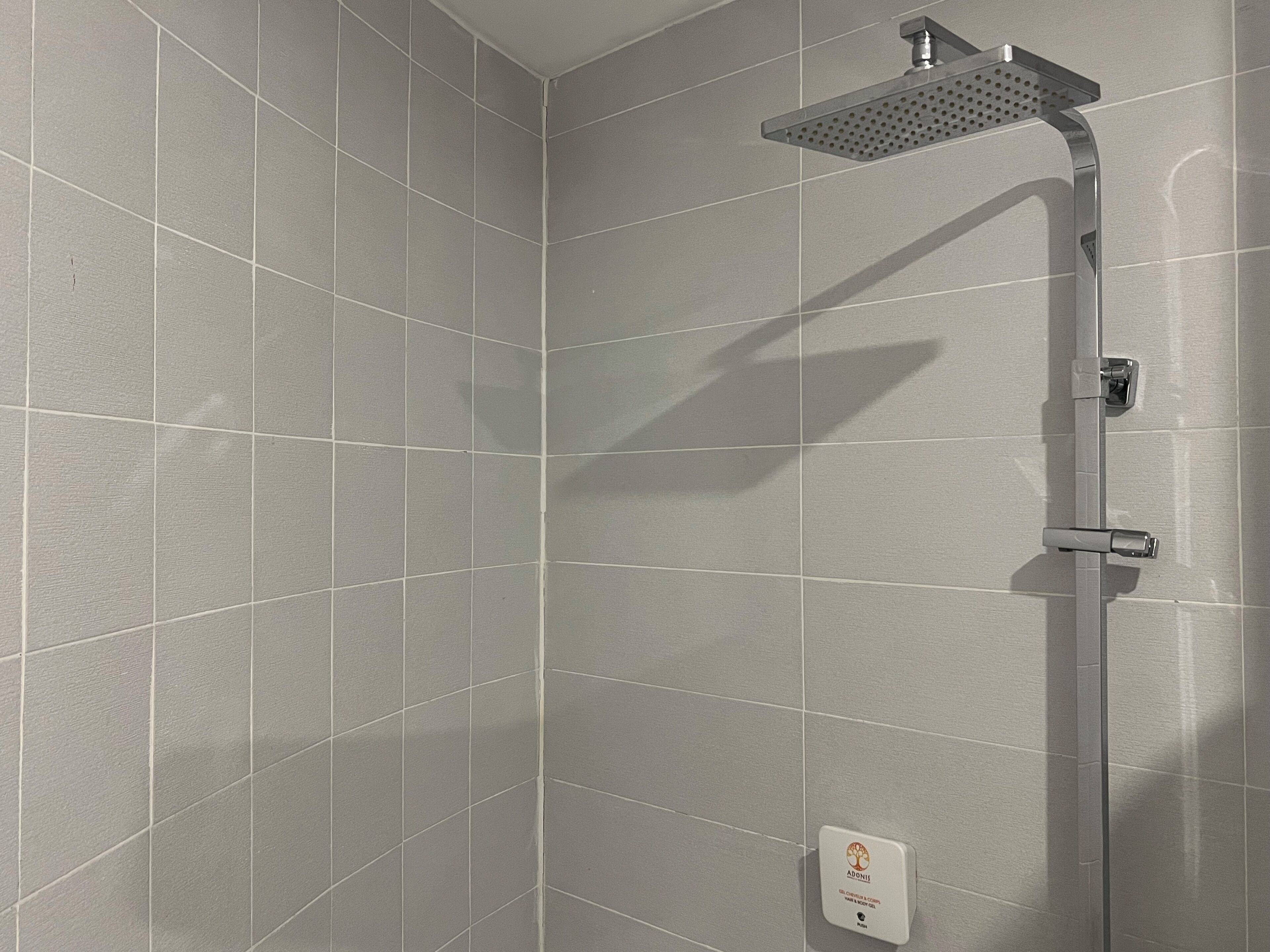 A shower area with a modern design, featuring a wall-mounted showerhead and a control panel.