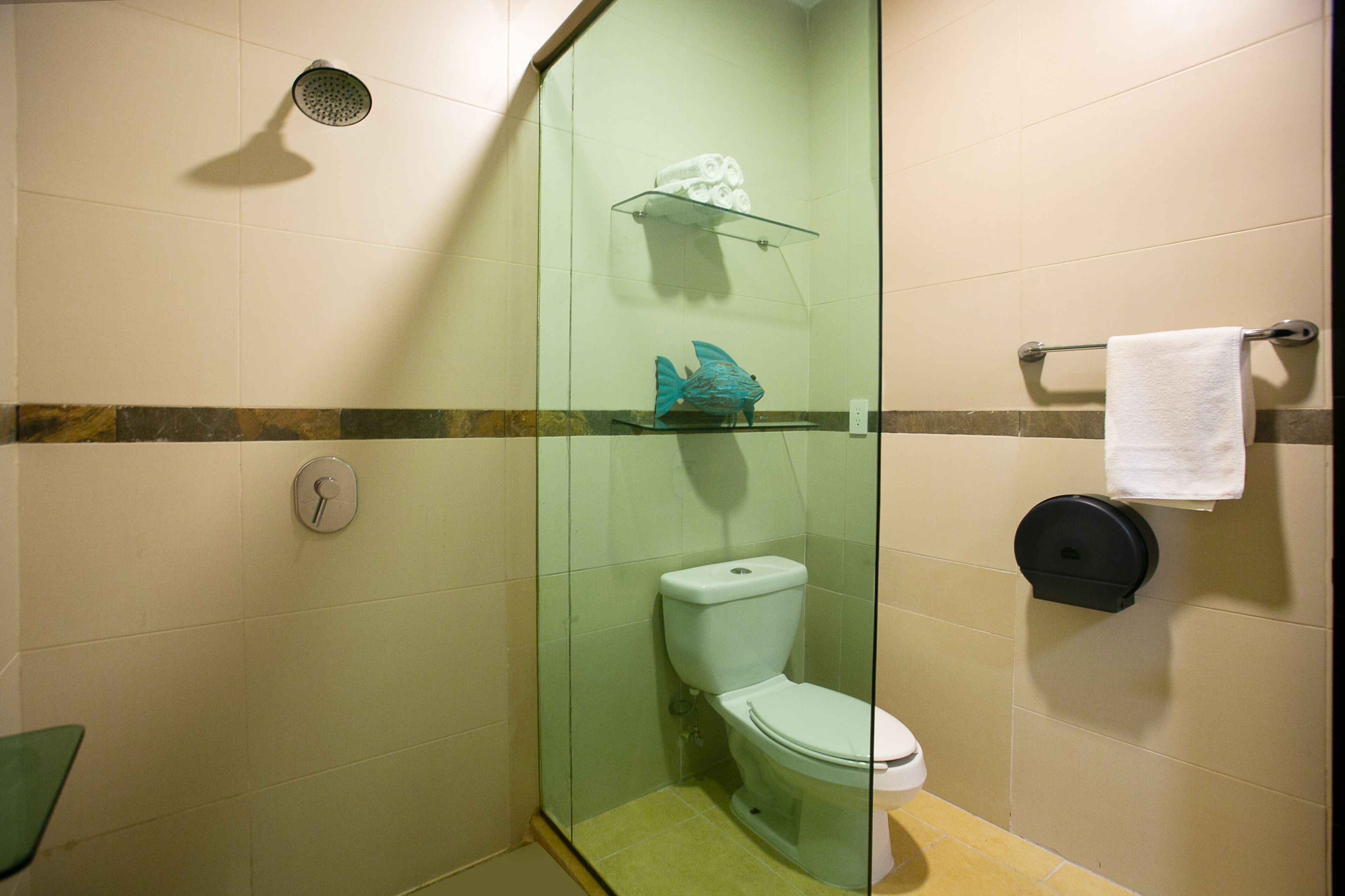A modern bathroom with a glass-enclosed shower, a toilet, a towel rack, and a shelf with towels.