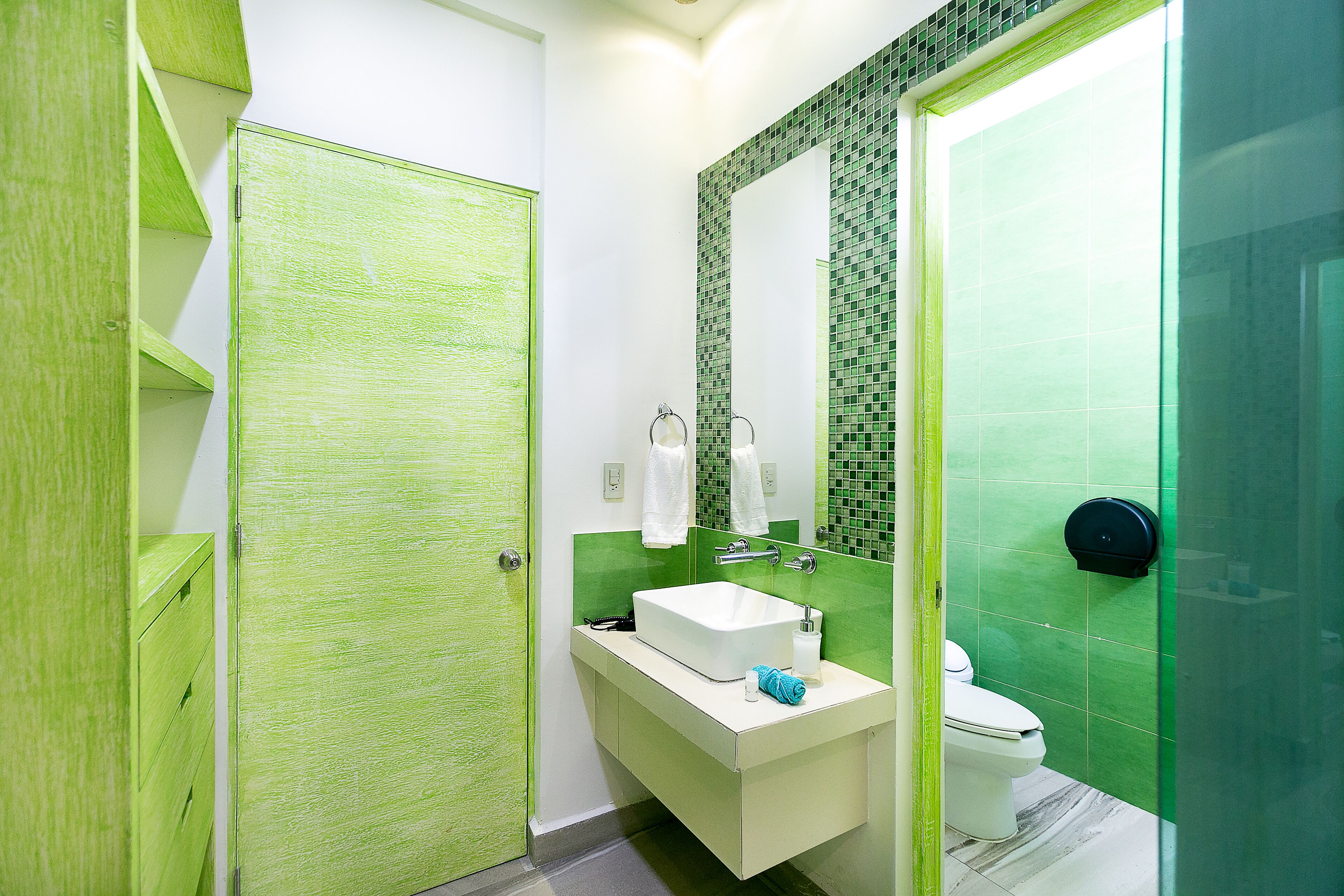 Une salle de bain avec une porte verte, un lavabo blanc et des toilettes.