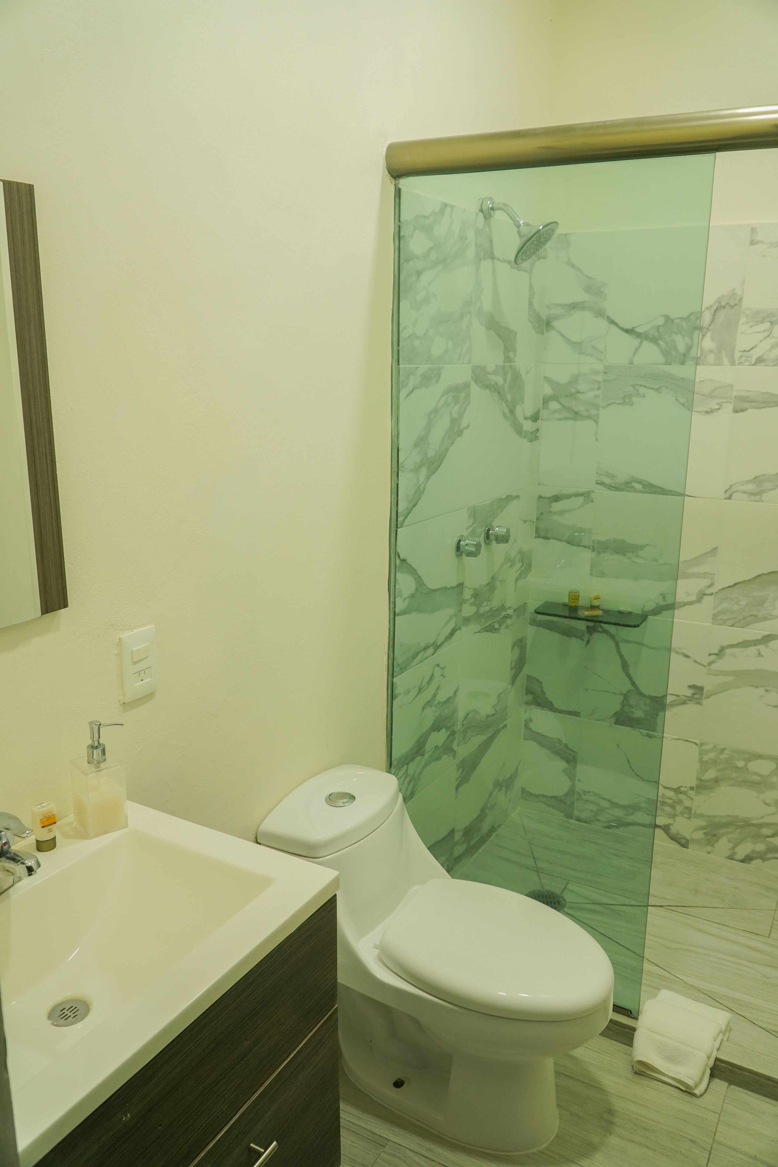 Une salle de bain avec une douche à parois de verre, un lavabo blanc et des toilettes.
