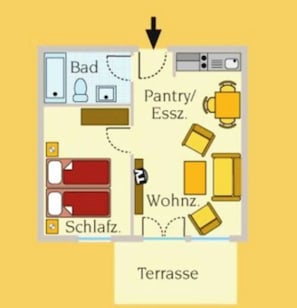 Un plan d’aménagement de chambre d’hôtel comprenant une salle de bain, une kitchenette et une terrasse.