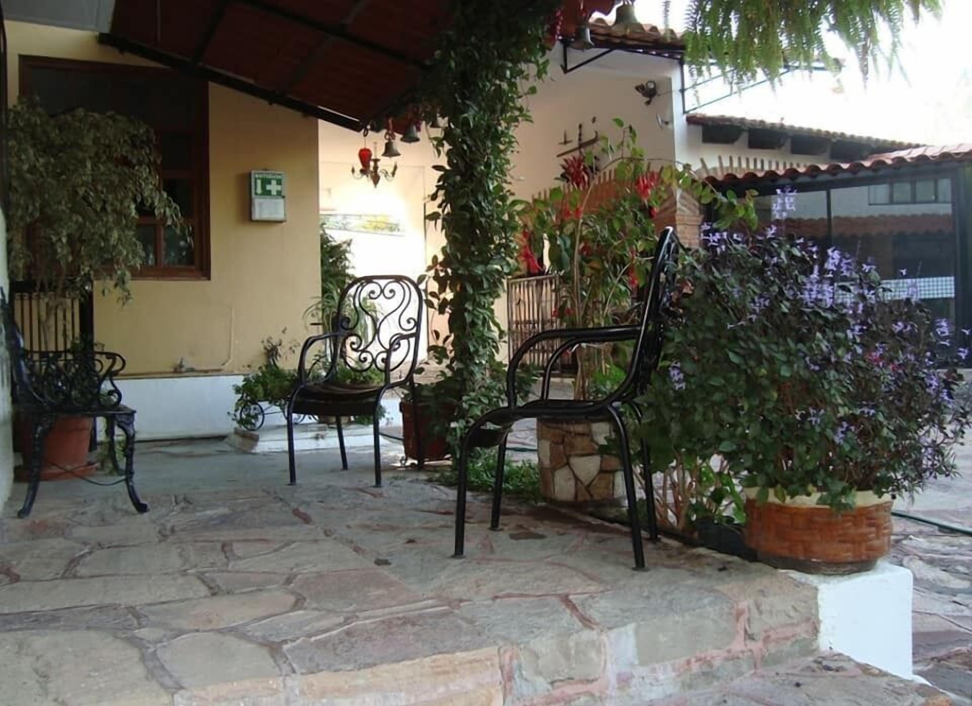 A stone-paved patio with two metal chairs and a potted plant.