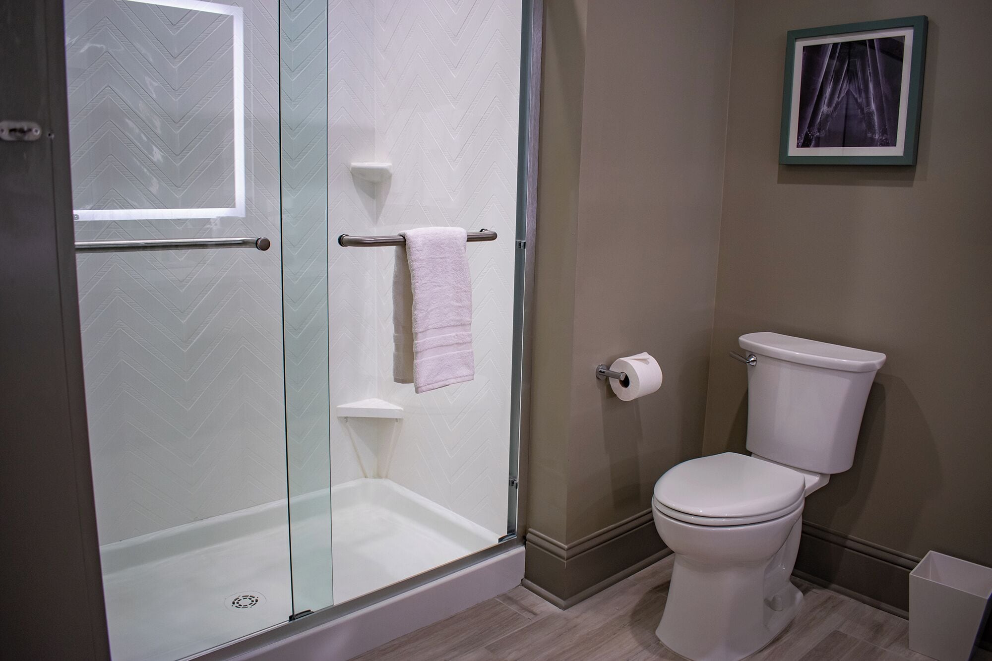 Een badkamer met een douche met glazen wand, een toilet en een ingelijst schilderij aan de muur.